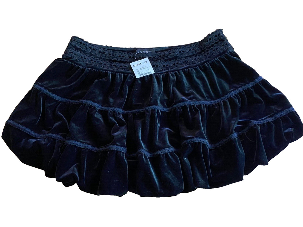 BEBE Black Velvet / Silk Mini Bubble Skirt, Lace Tiered Low Rise Steampunk M NWT